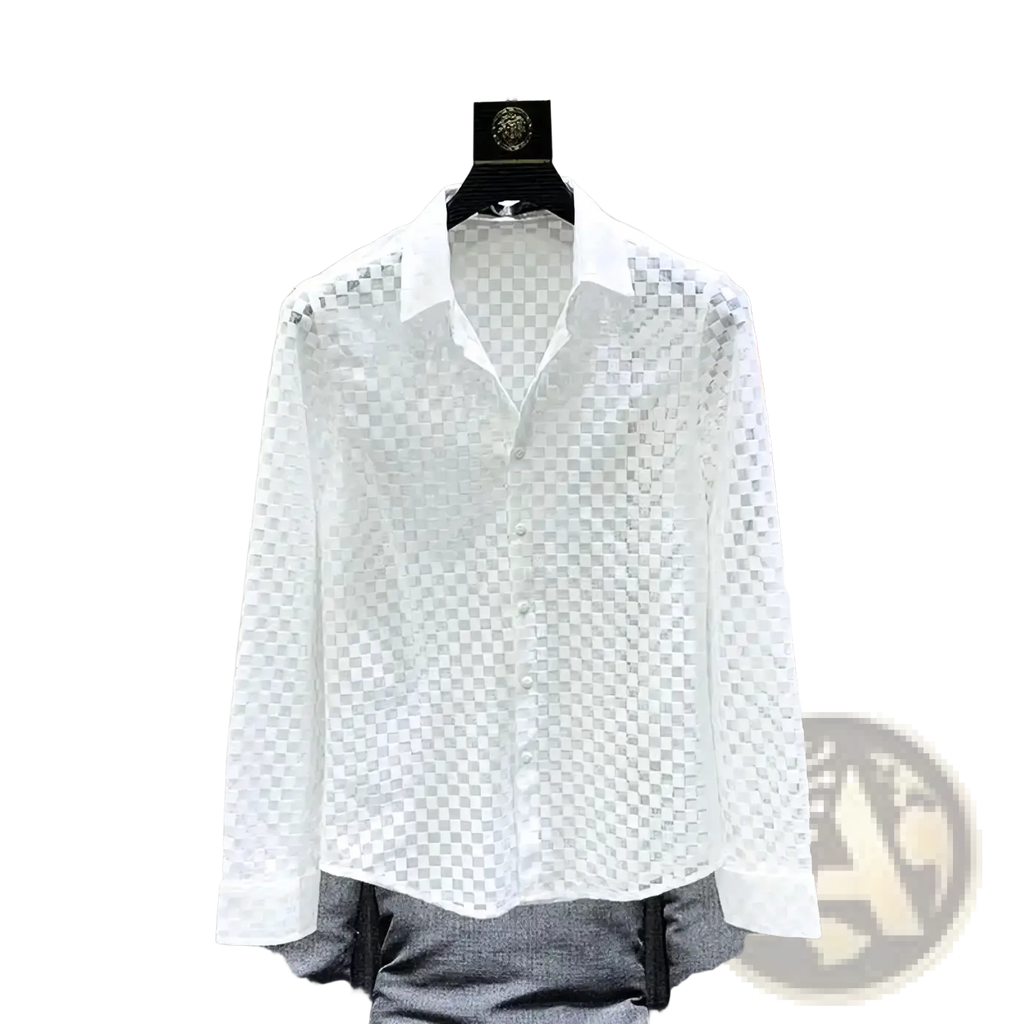 Men sheer plaid long sleeve button-up shirt in white checkered lace hanging on a black hanger