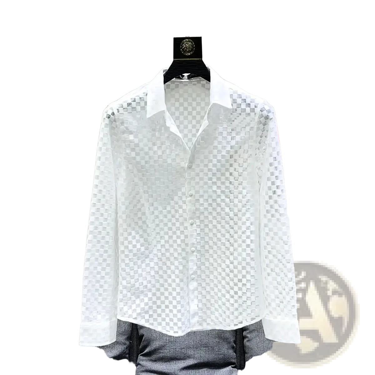 Men sheer plaid long sleeve button-up shirt in white checkered lace hanging on a black hanger