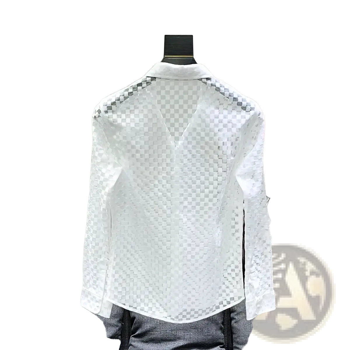 Men sheer plaid long sleeve button up shirt in white lace with subtle checkered pattern and classic collar