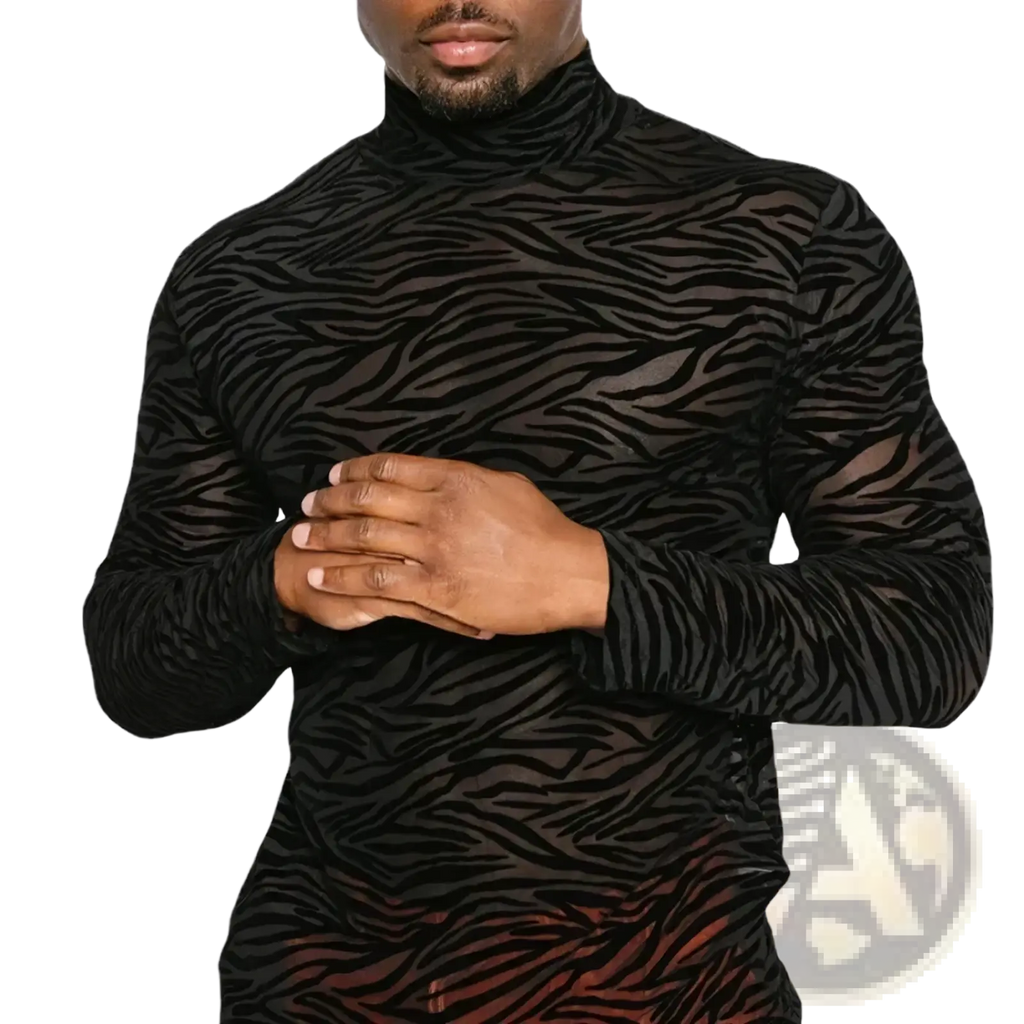 Men sheer zebra turtleneck long sleeve shirt in black mesh fabric with bold zebra stripes and reddish brown hem accents