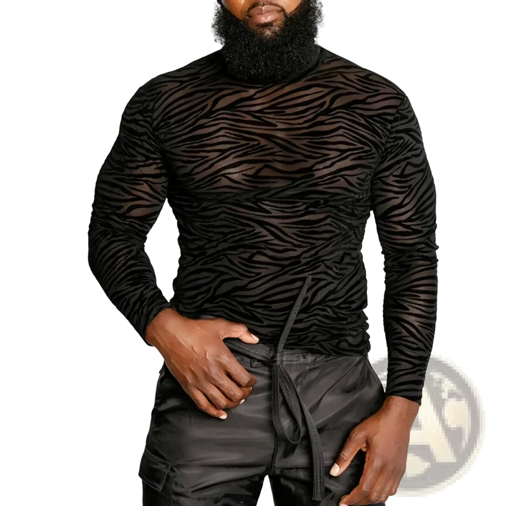 Men sheer zebra turtleneck long sleeve shirt in black with bold zebra print on a lightweight sheer fabric