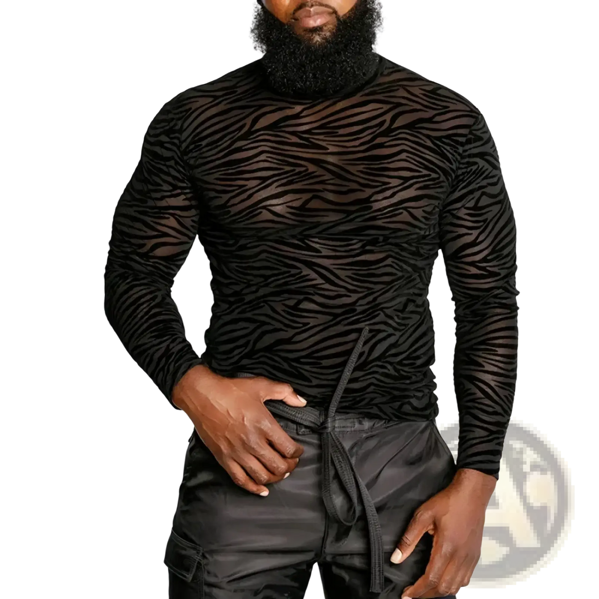 Men sheer zebra turtleneck long sleeve shirt in black with bold zebra print on a lightweight sheer fabric