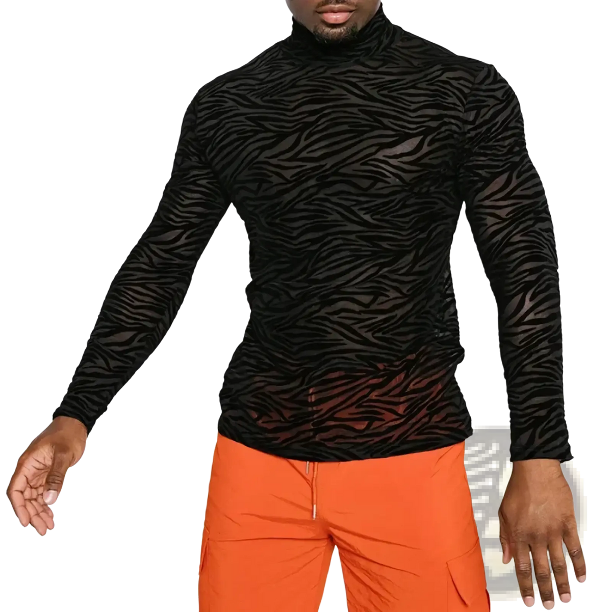 Men sheer zebra turtleneck long sleeve shirt in black with bold zebra print and long sheer sleeves