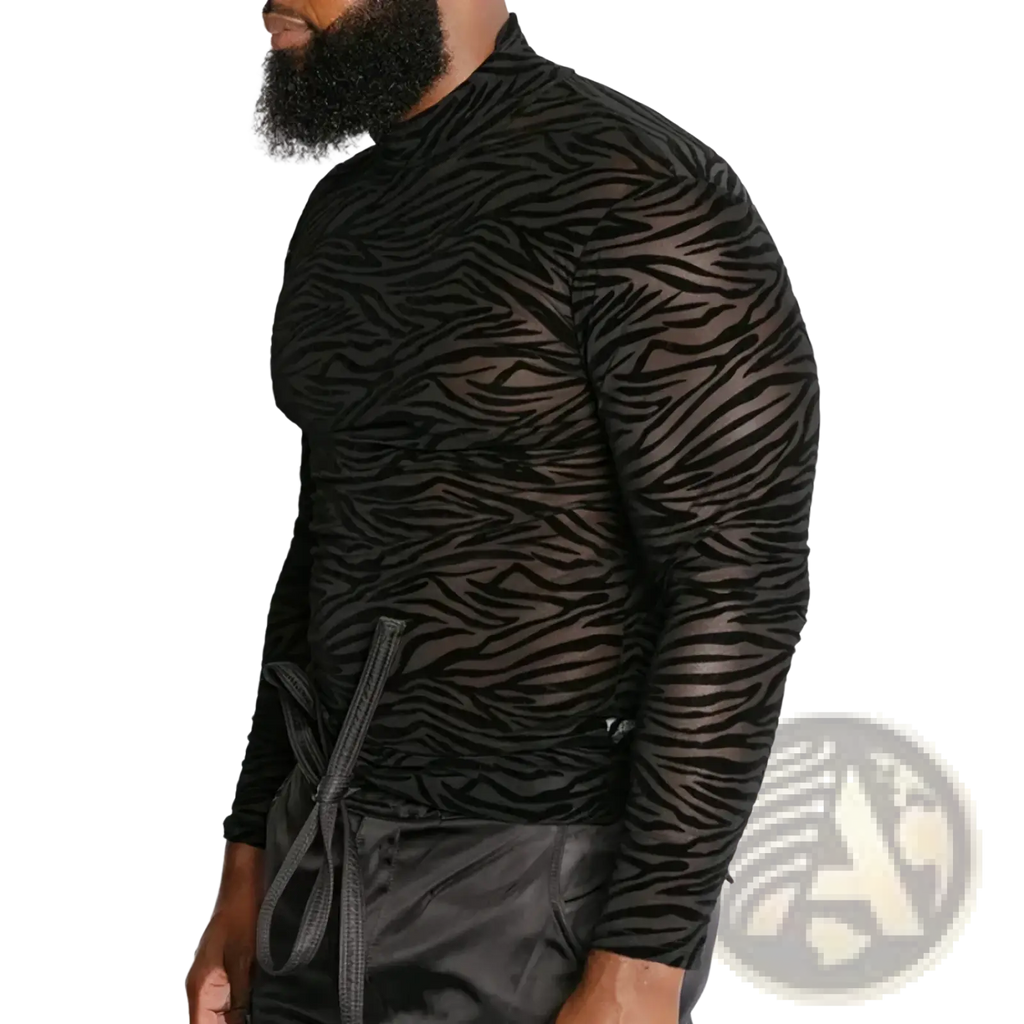 Men sheer zebra turtleneck long sleeve shirt in black with bold zebra stripe pattern on lightweight fabric