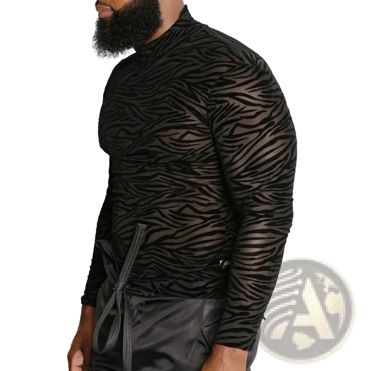 Men sheer zebra turtleneck long sleeve shirt in black with bold zebra stripe pattern on lightweight fabric