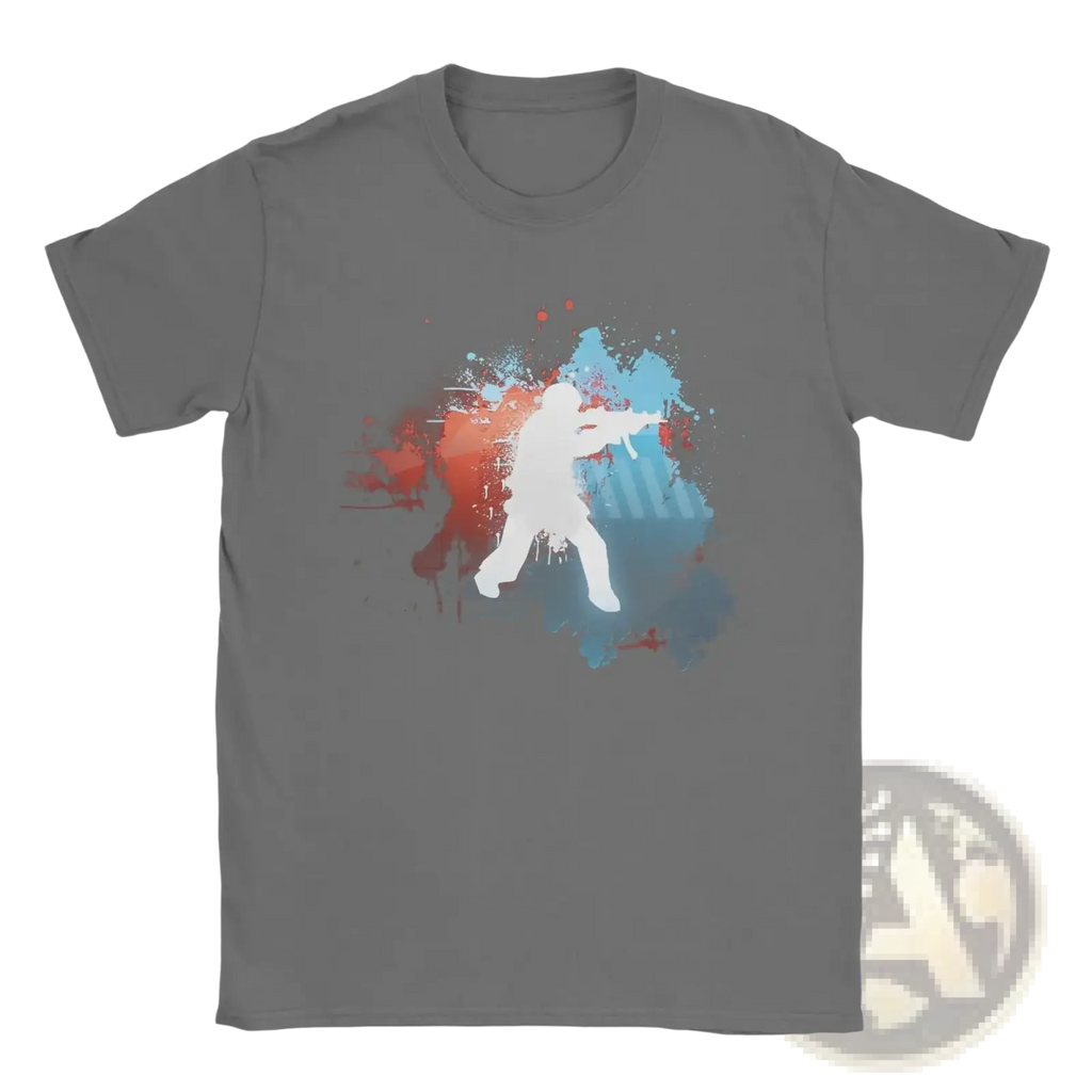 Gray cotton short-sleeved men shooting silhouette t-shirt with white shooter and red blue paint splatter design