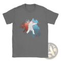 Gray cotton short-sleeved men shooting silhouette t-shirt with white shooter and red blue paint splatter design