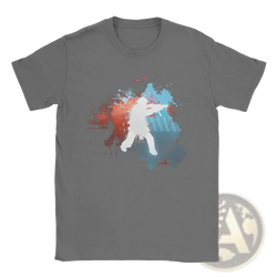 Gray cotton short-sleeved men shooting silhouette t-shirt with white shooter and red blue paint splatter design