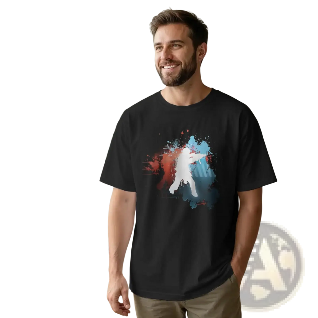 Black cotton men shooting silhouette t-shirt with white mid-air figure and red blue paint splatter design