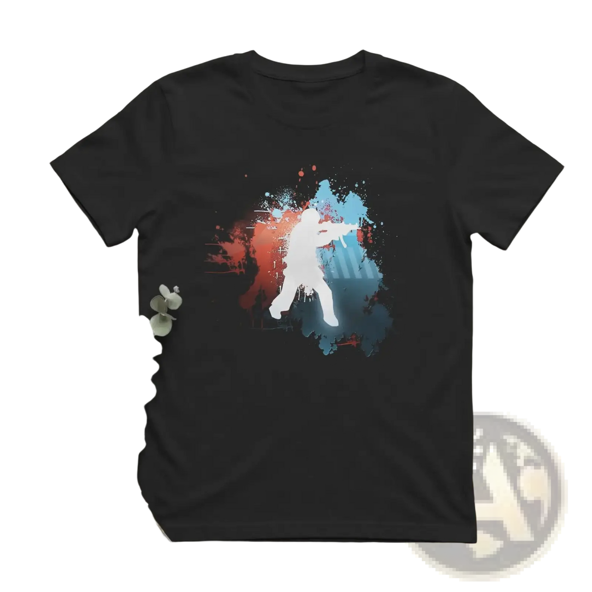 Black men shooting silhouette cotton t-shirt with white rifle figure and red blue paint splatter background