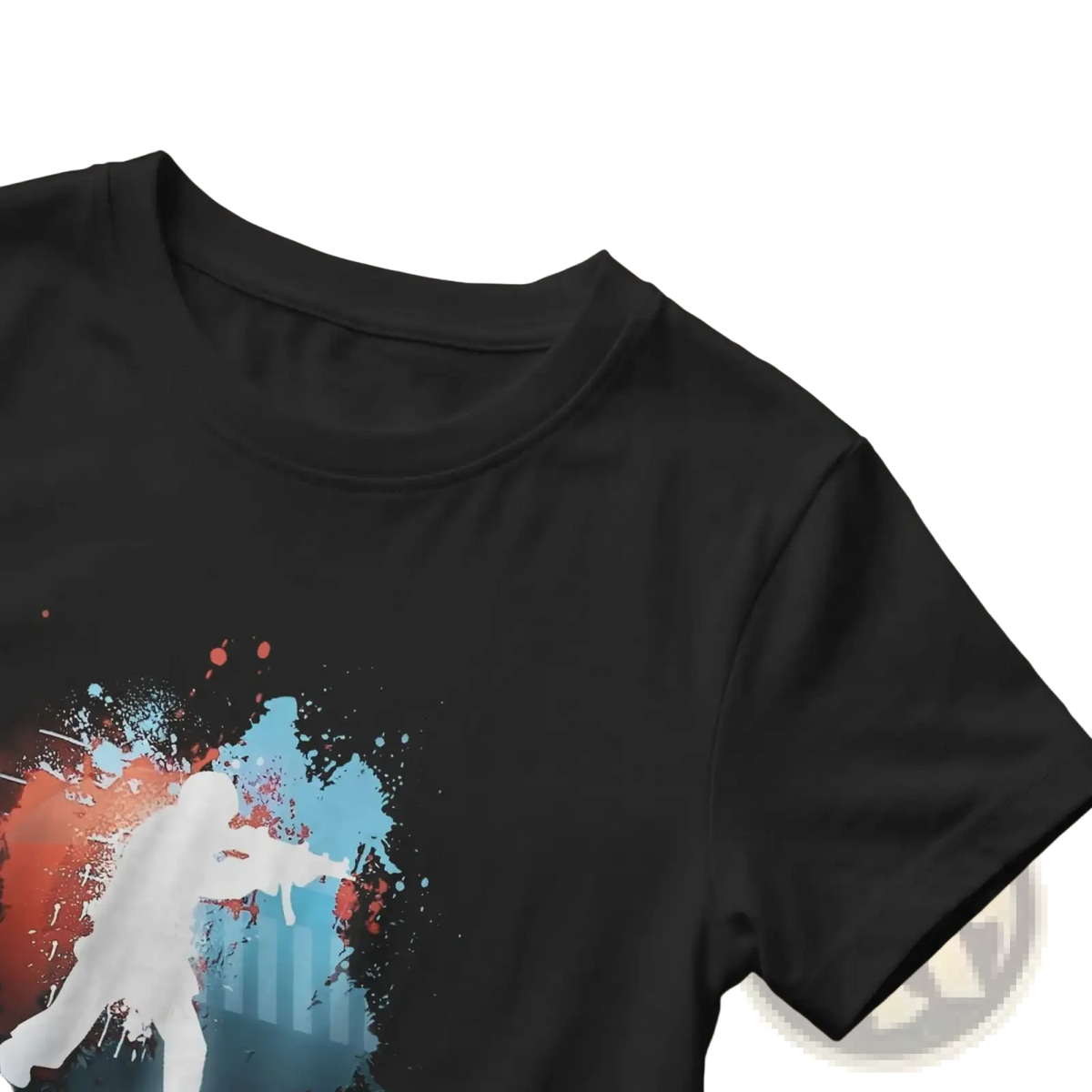 Black cotton men shooting silhouette t-shirt with white figure and vibrant red blue orange paint splash design