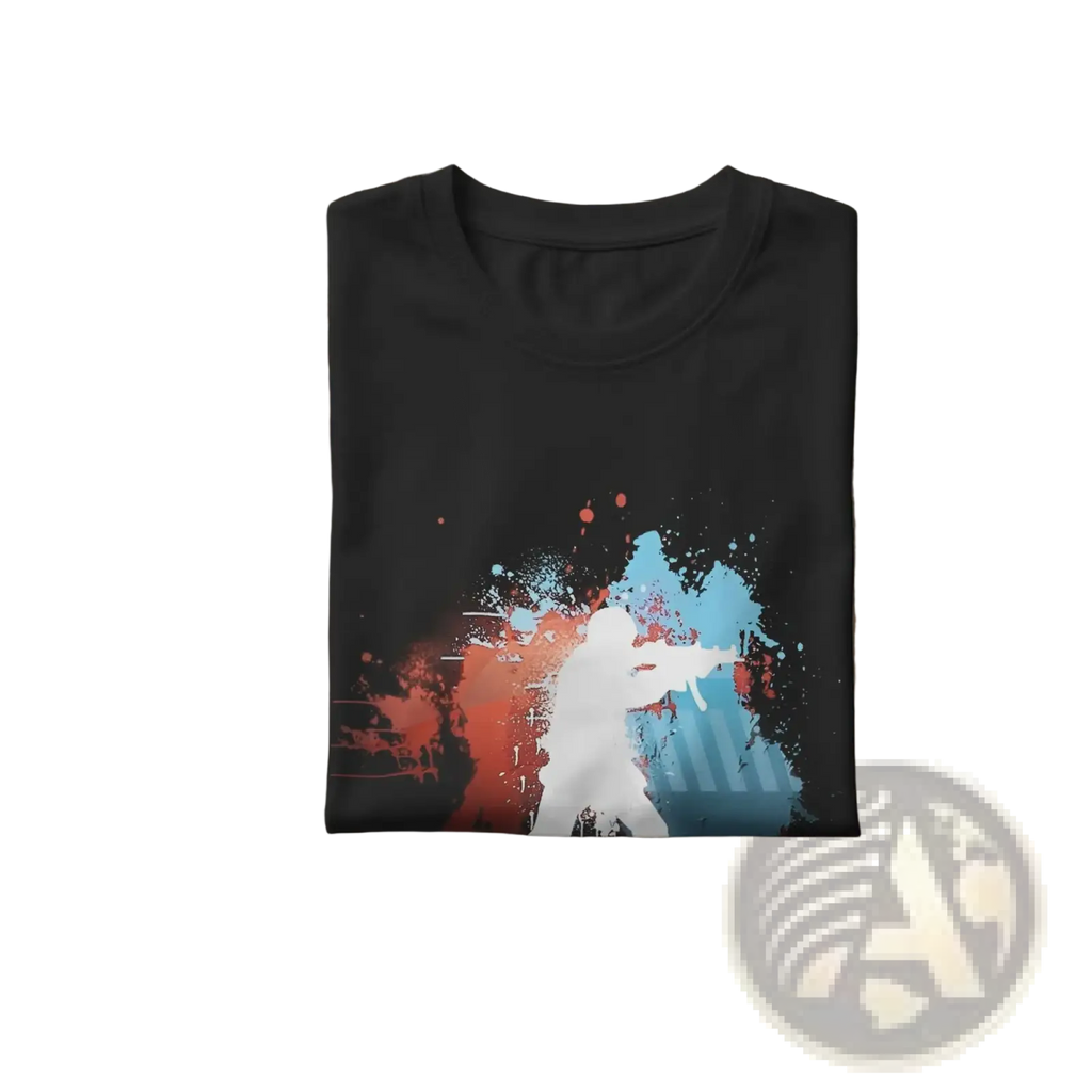 Black cotton men shooting silhouette t-shirt with white shooter design on red and blue paint-splatter background