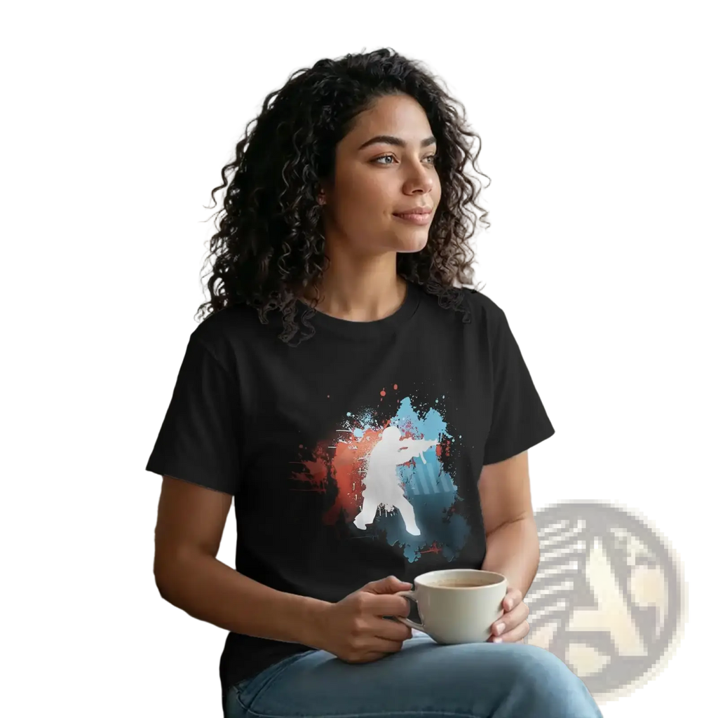 Black cotton men shooting silhouette t-shirt featuring a white dancer silhouette with vibrant paint splash design
