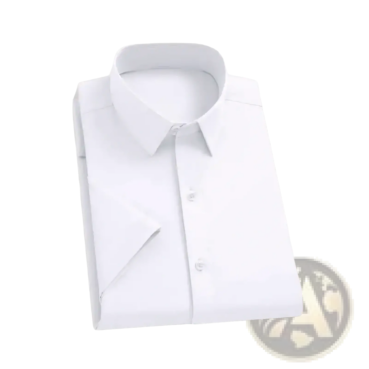 A crisp white men short sleeve business casual shirt with classic collar and button-down front neatly folded