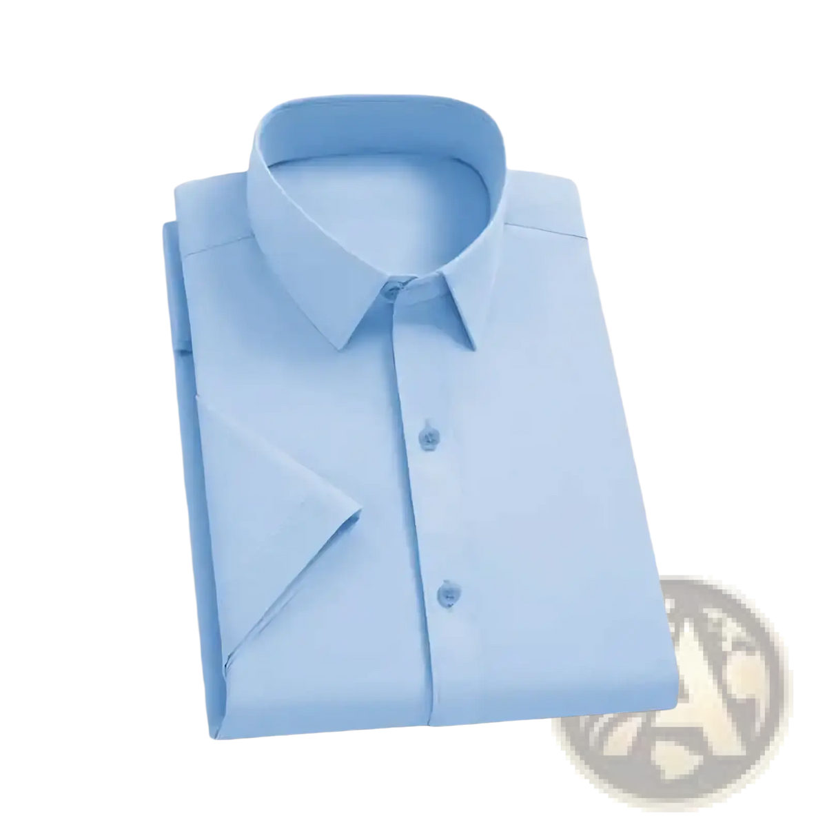 Light blue short sleeve business casual dress shirt with a crisp collar and matching buttons neatly folded