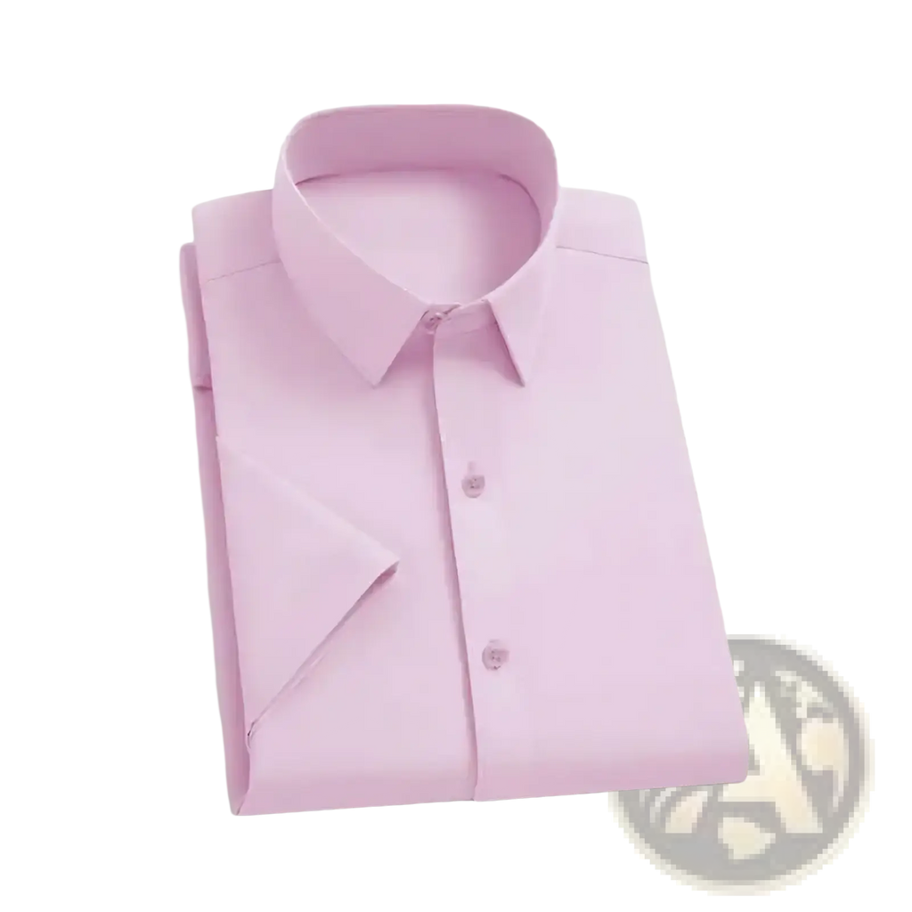 A neatly folded yzq men short sleeve business casual shirt in soft pink with classic collar and button-down front