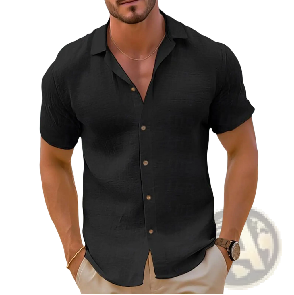 Men short sleeve button down shirt slim fit black with collar and subtle texture for casual beachwear