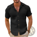 Men short sleeve button down shirt slim fit black with collar and subtle texture for casual beachwear