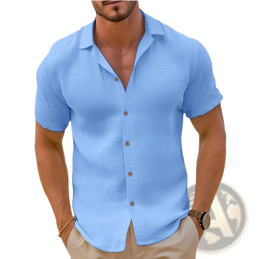 Light blue slim fit men short sleeve button down shirt with collar and wooden buttons for casual beachwear