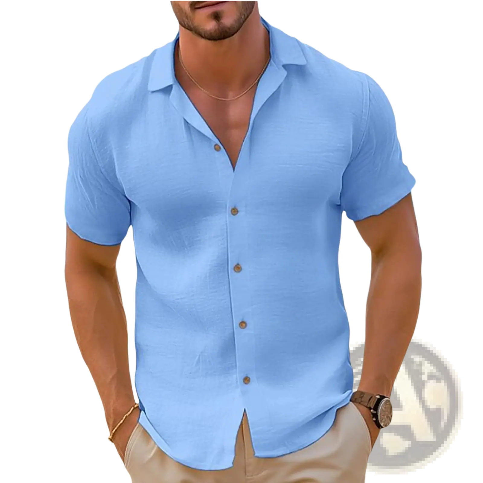Light blue slim fit men short sleeve button down shirt with collar and wooden buttons for casual beachwear