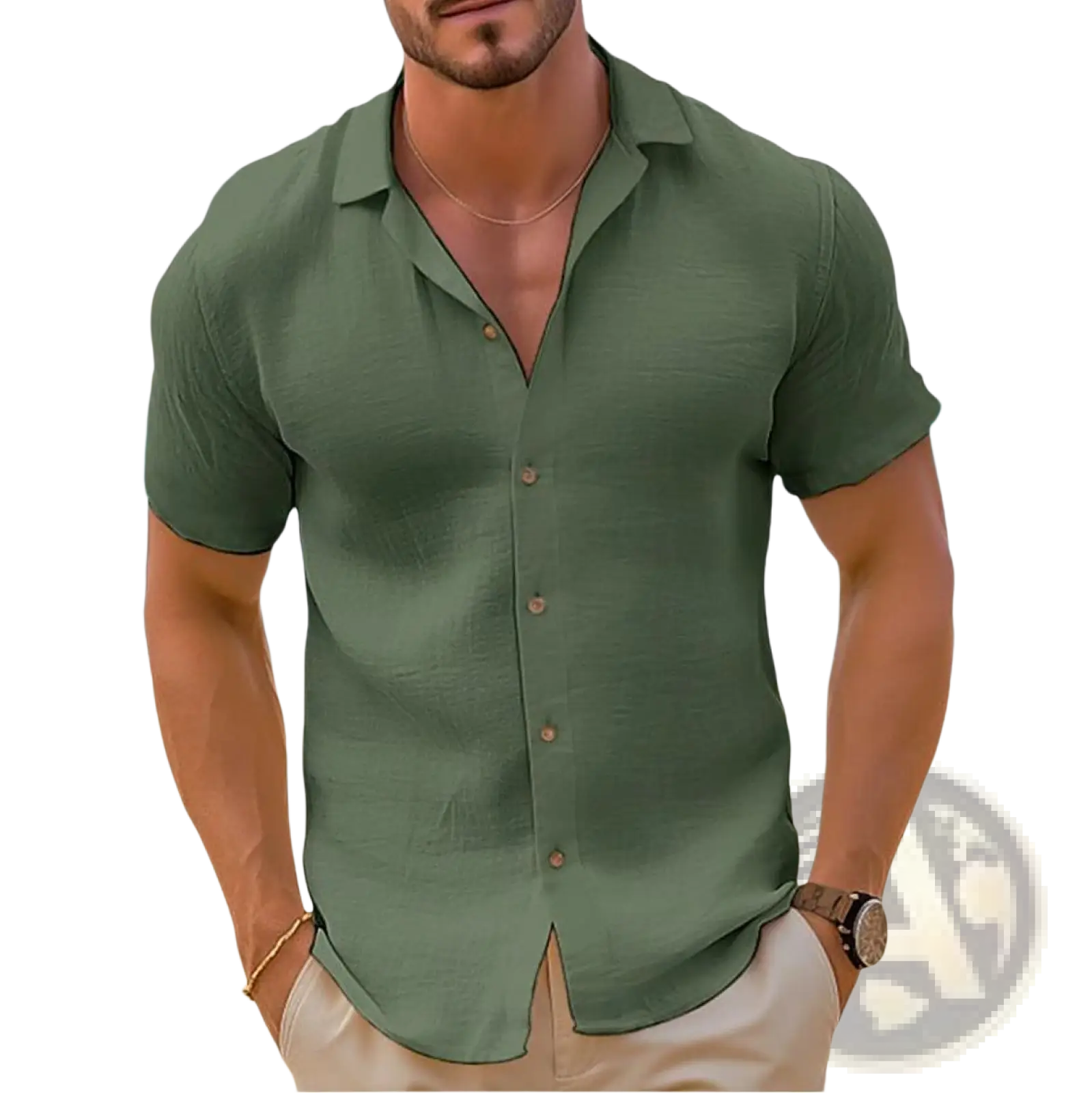 A man wearing a slim fit olive green short sleeve button down shirt with subtle texture for casual beachwear