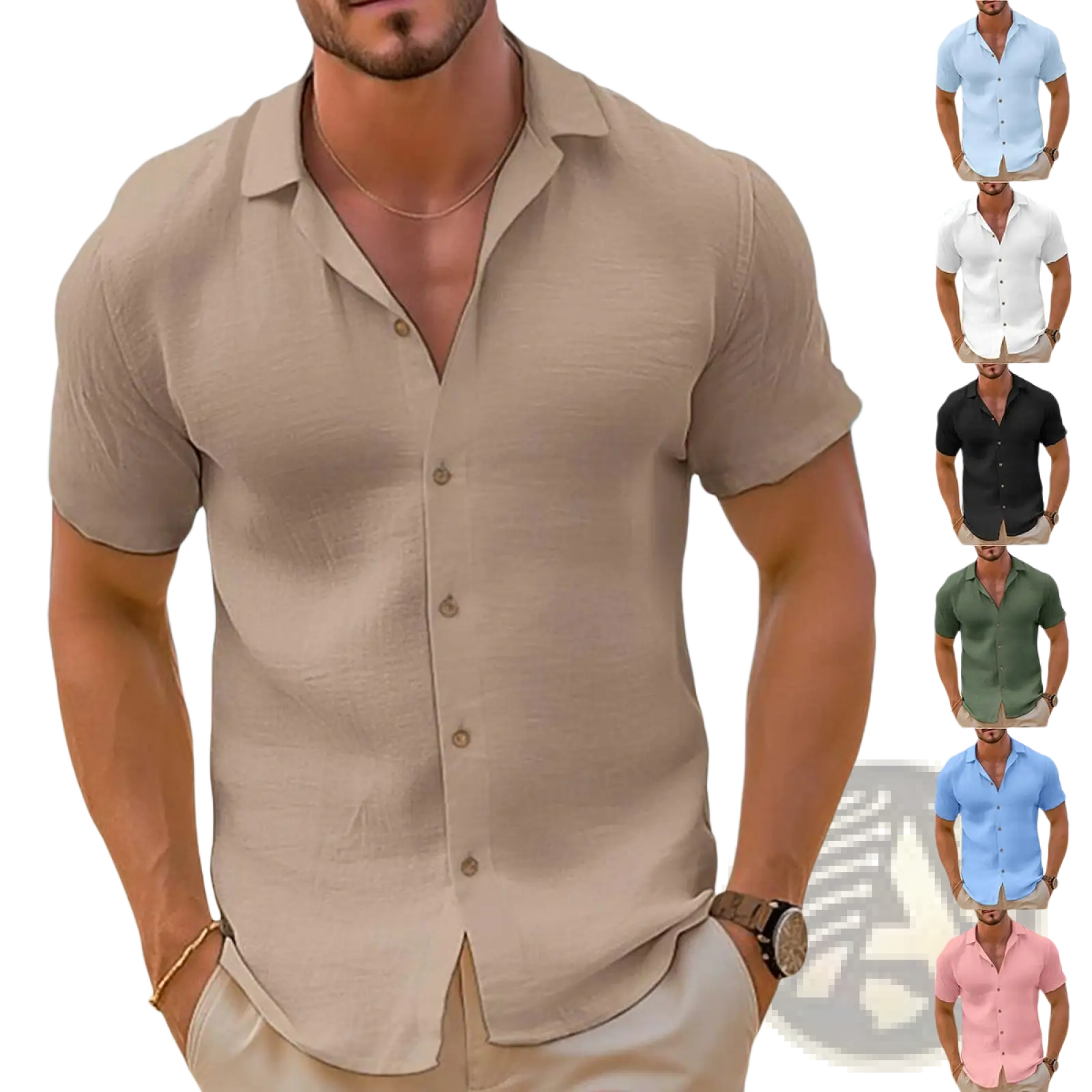 Beige short-sleeved slim fit button-down shirt with collar and subtle texture for casual beachwear