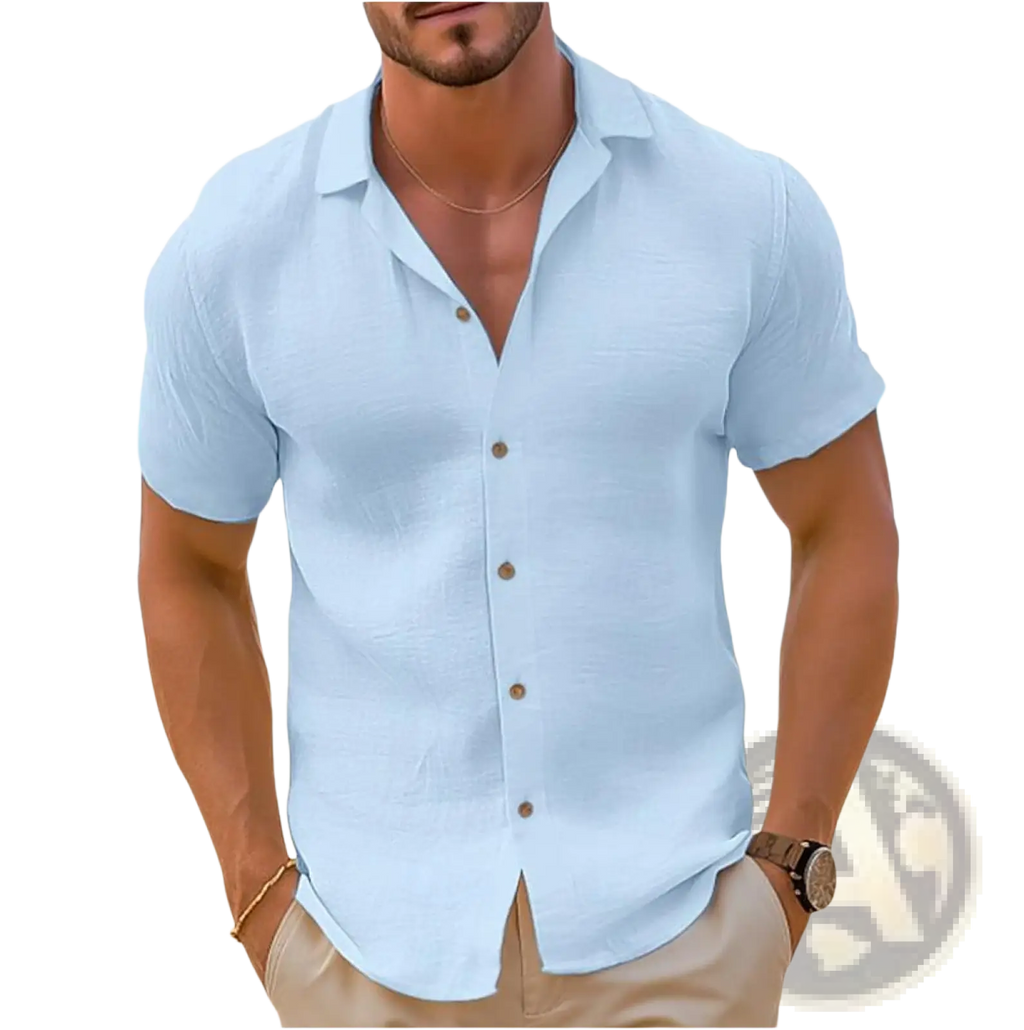 Men short sleeve button down shirt slim fit casual beachwear in light blue with wooden buttons and a collar