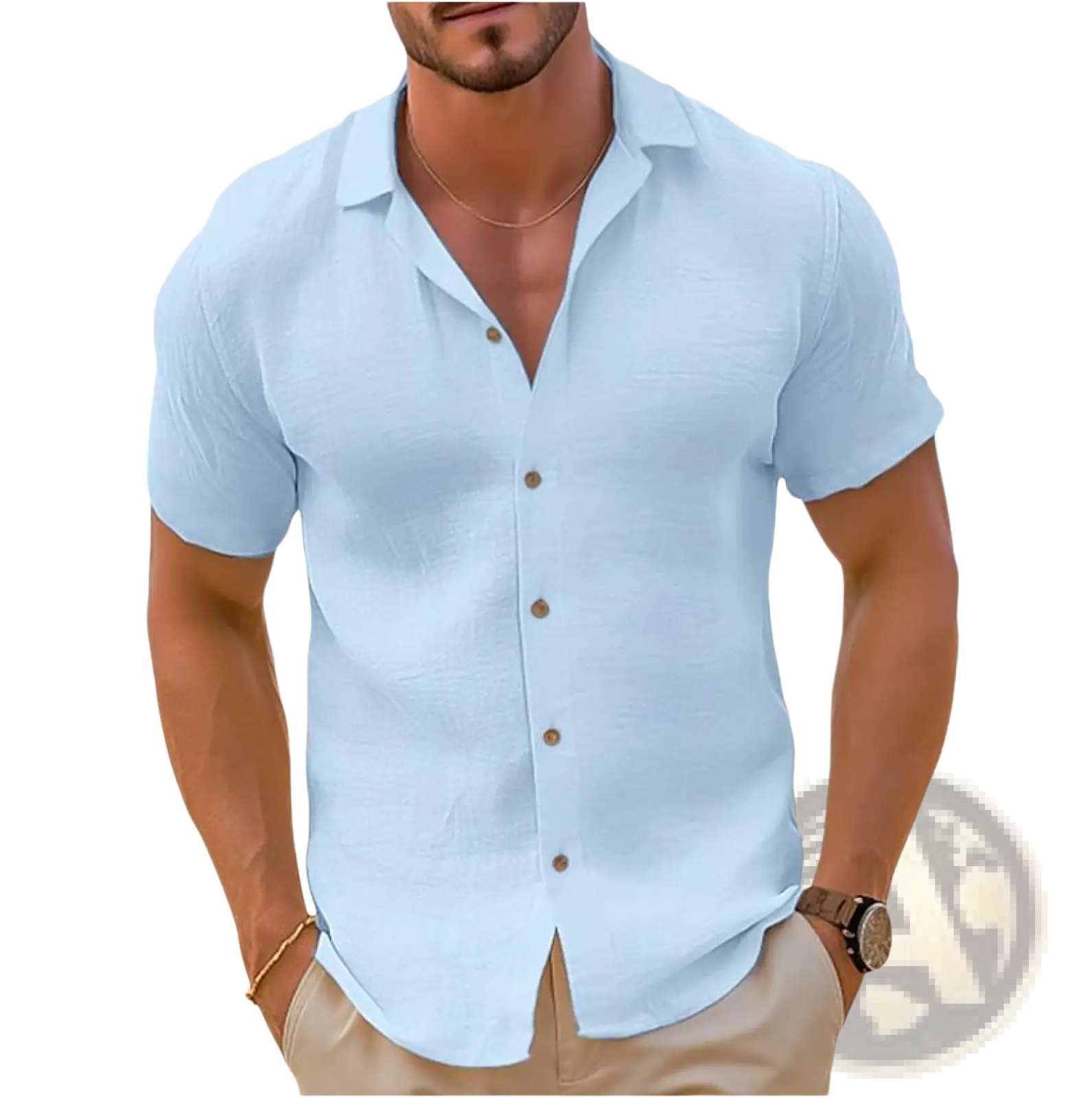 Men short sleeve button down shirt slim fit casual beachwear in light blue with wooden buttons and a collar