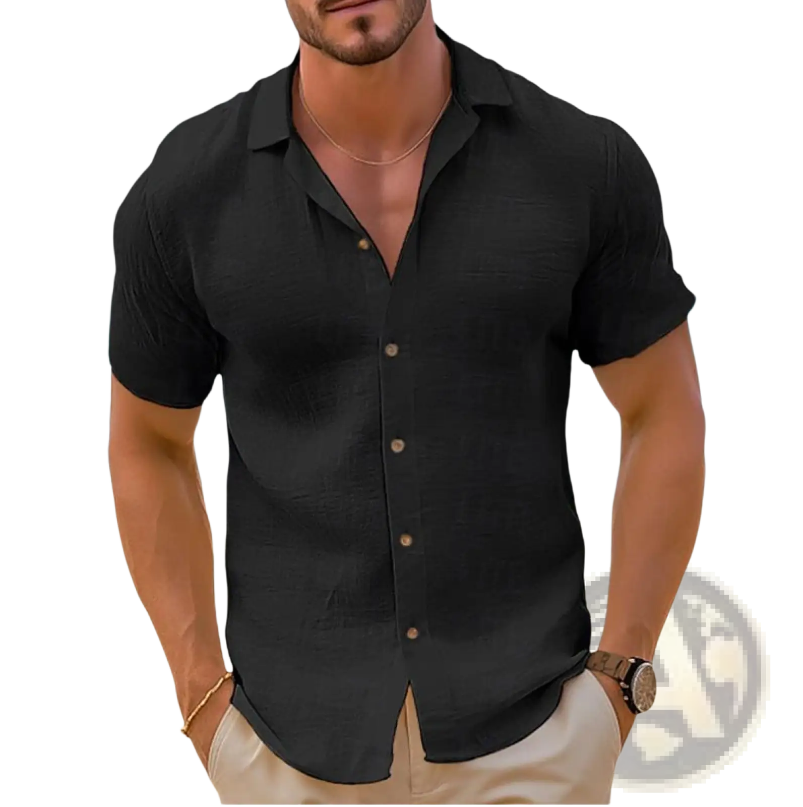 Men short sleeve button down shirt slim fit in black with collar and subtle texture ideal for casual beachwear