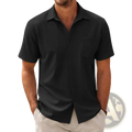 Men short sleeve button up shirt plus size in black with collar and chest pocket, suitable for casual wear
