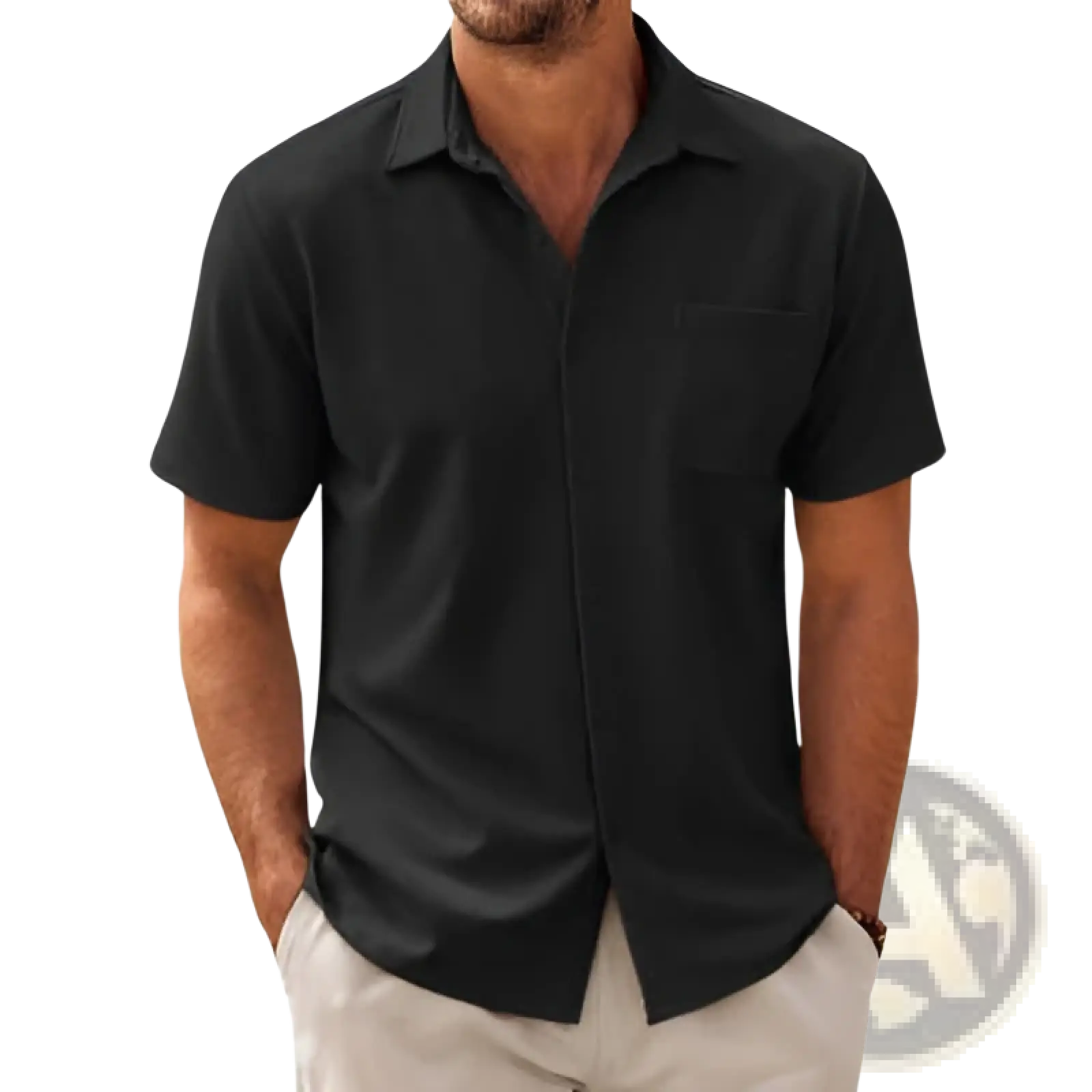 Men short sleeve button up shirt plus size in black with collar and chest pocket, suitable for casual wear
