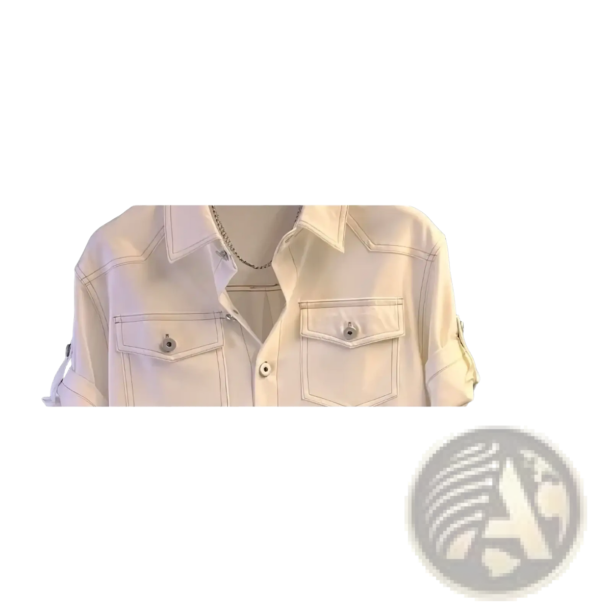 Men short sleeve casual button cardigan shirt in white denim with buttoned chest pockets and rolled-up sleeves