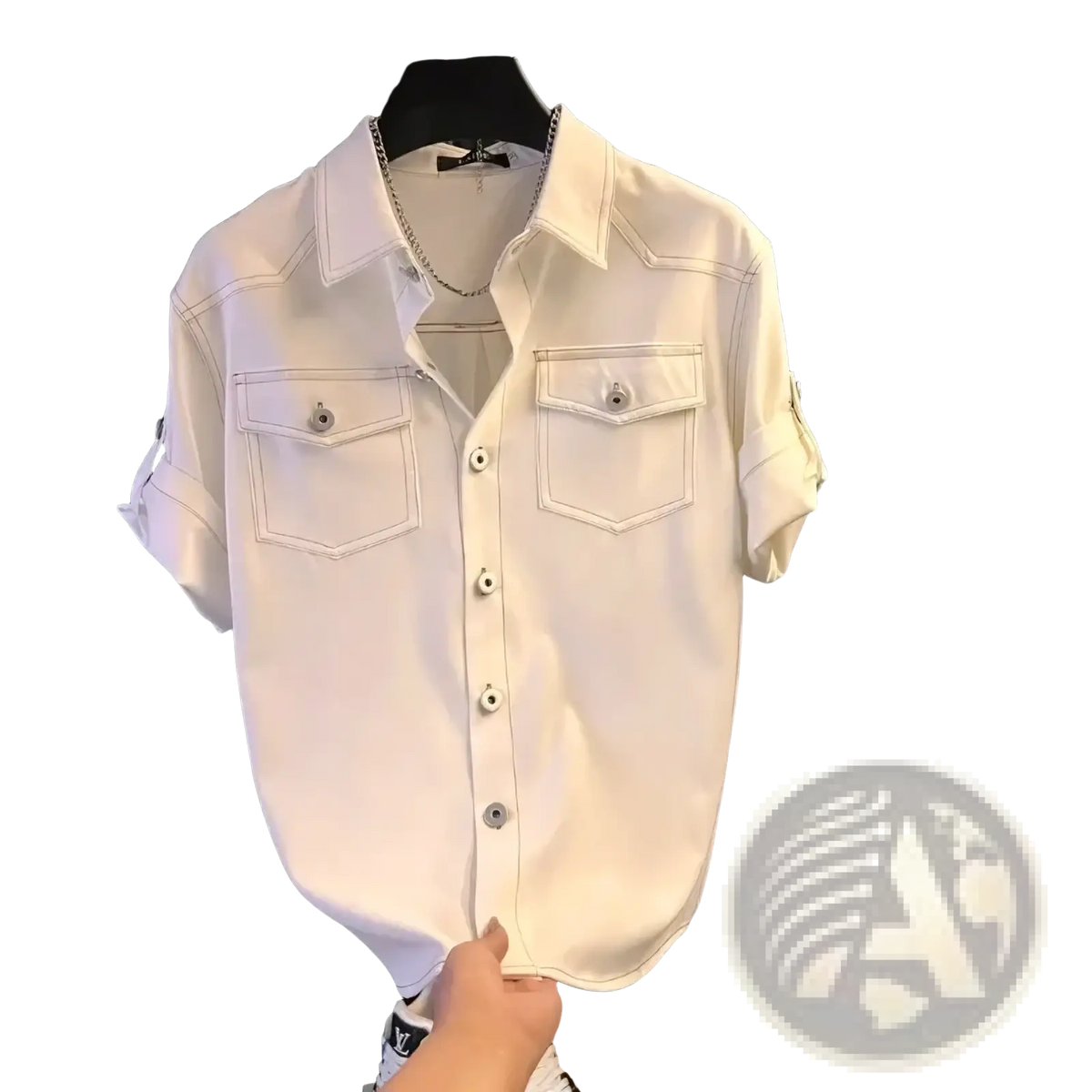 Men short sleeve casual button cardigan shirt in white denim with buttoned chest pockets and rolled cuffs