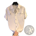 Men short sleeve casual button cardigan shirt in white denim with two chest pockets and button closures