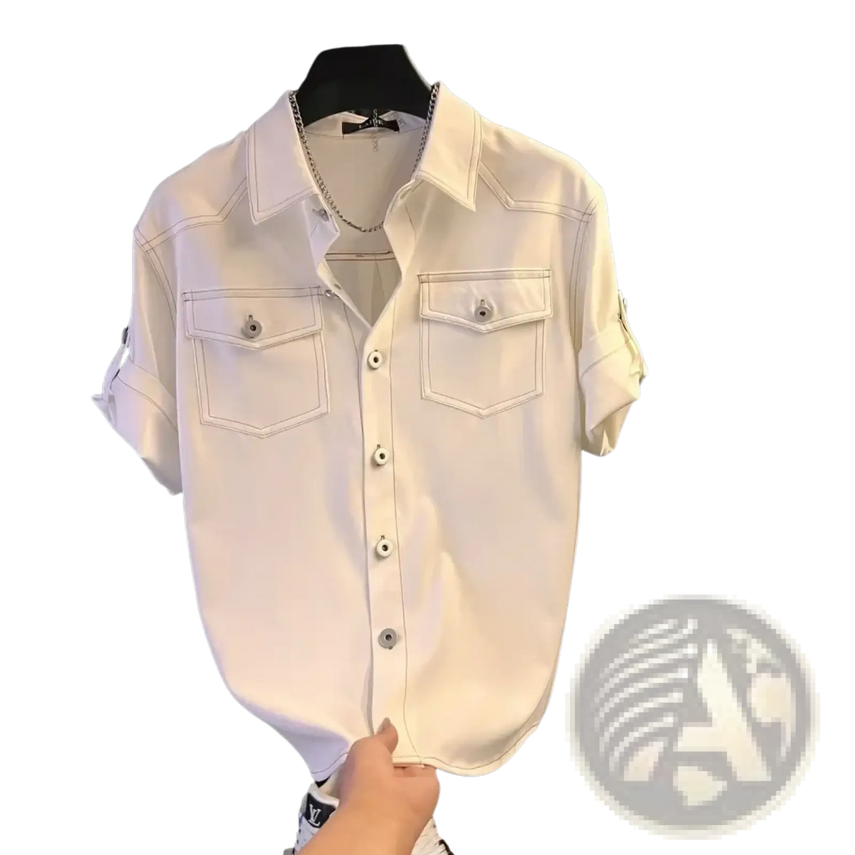 Men short sleeve casual button cardigan shirt in white denim with two chest pockets and button closures