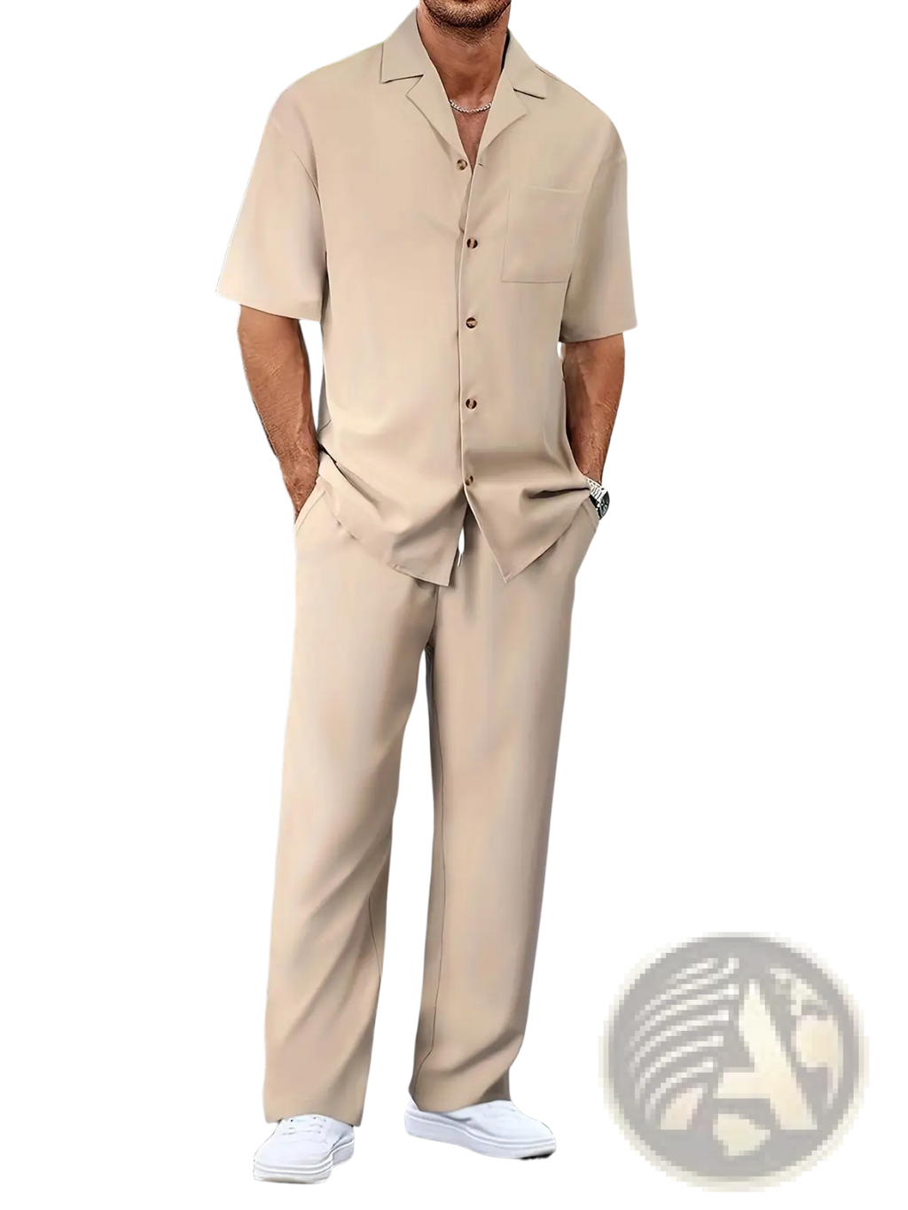 Beige short-sleeved button-up shirt with collar and front pocket part of men short sleeve casual suit set