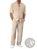 Beige short-sleeved button-up shirt with collar and front pocket part of men short sleeve casual suit set