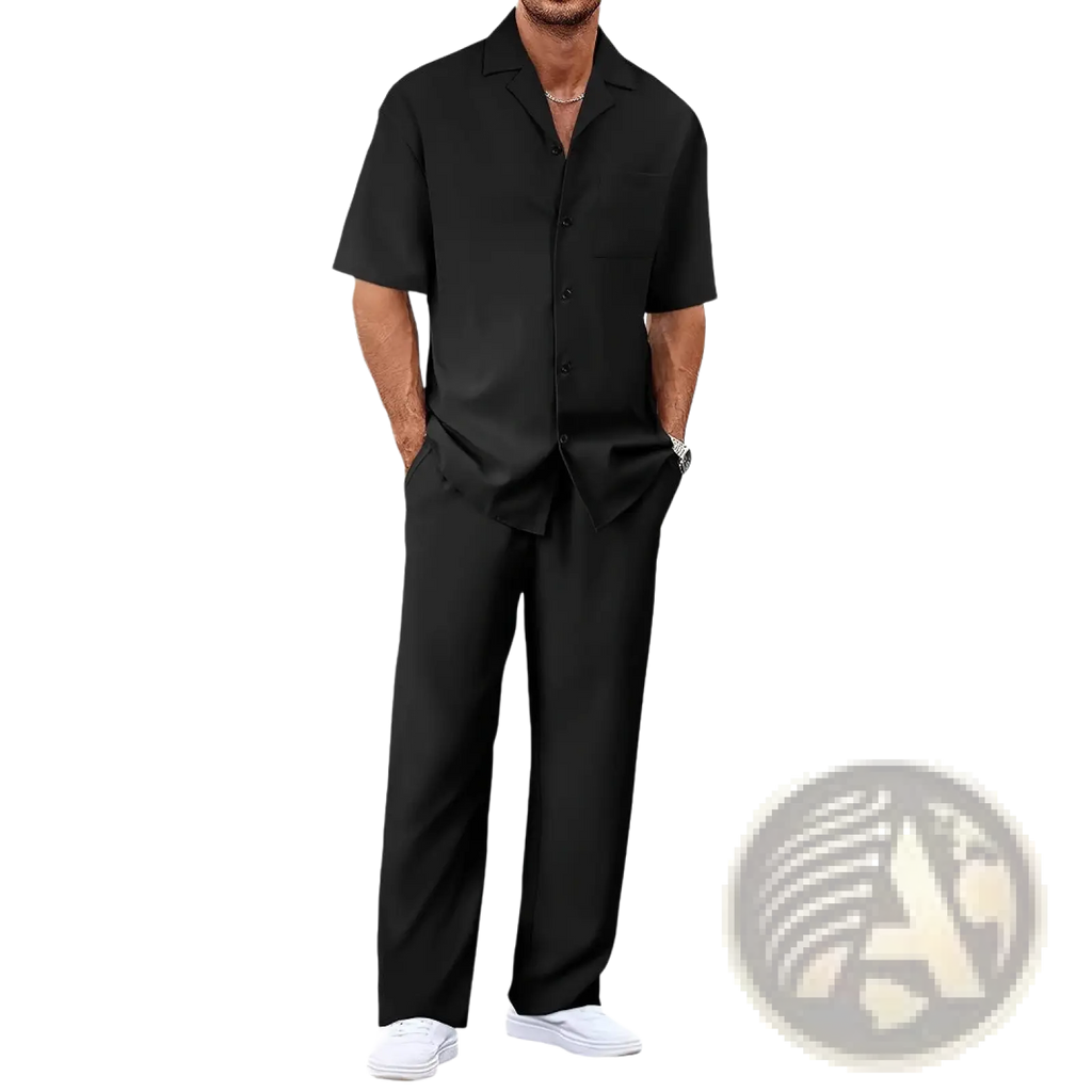Men short sleeve casual suit set featuring a black button-up shirt with collar and matching black trousers