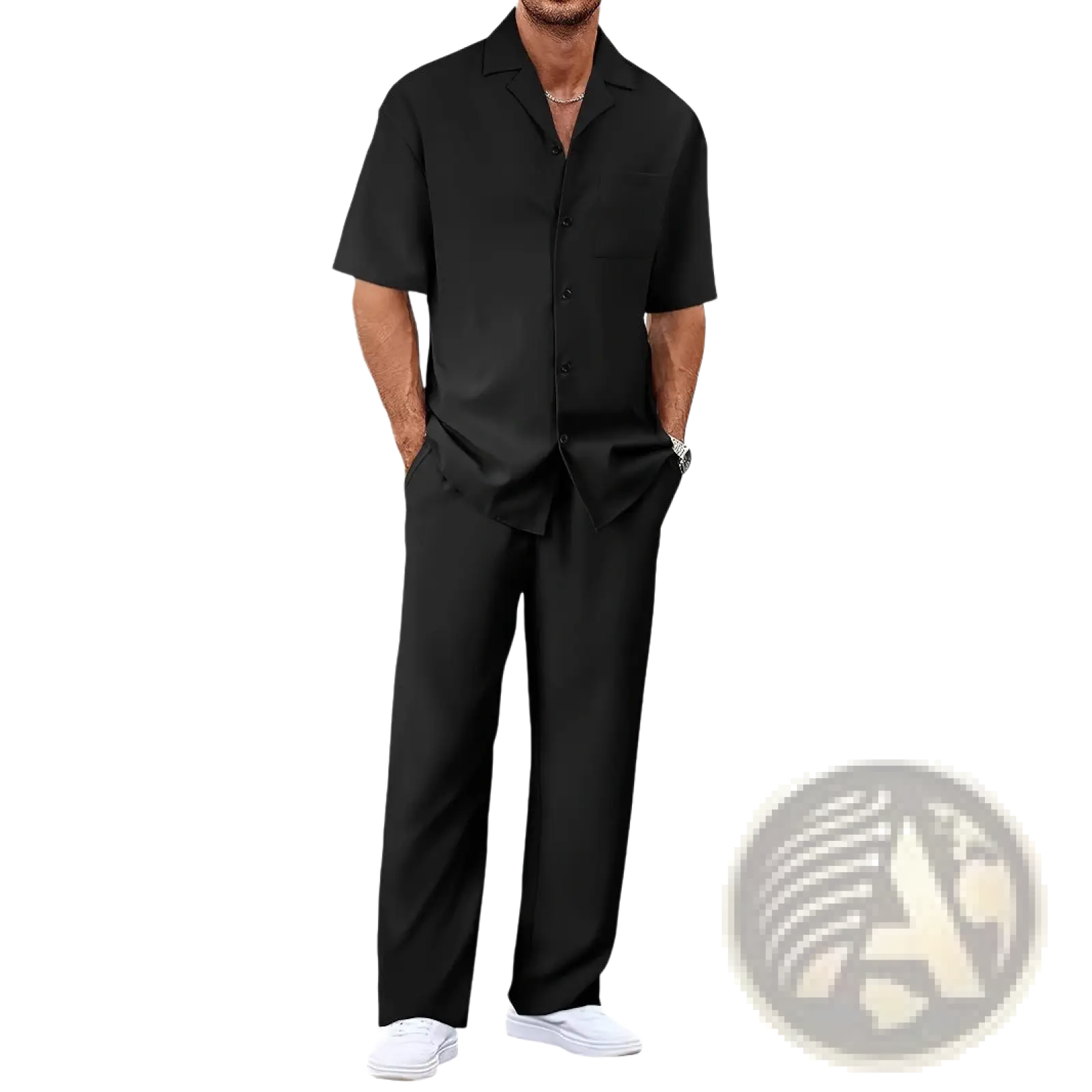 Men short sleeve casual suit set featuring a black button-up shirt with collar and matching black trousers
