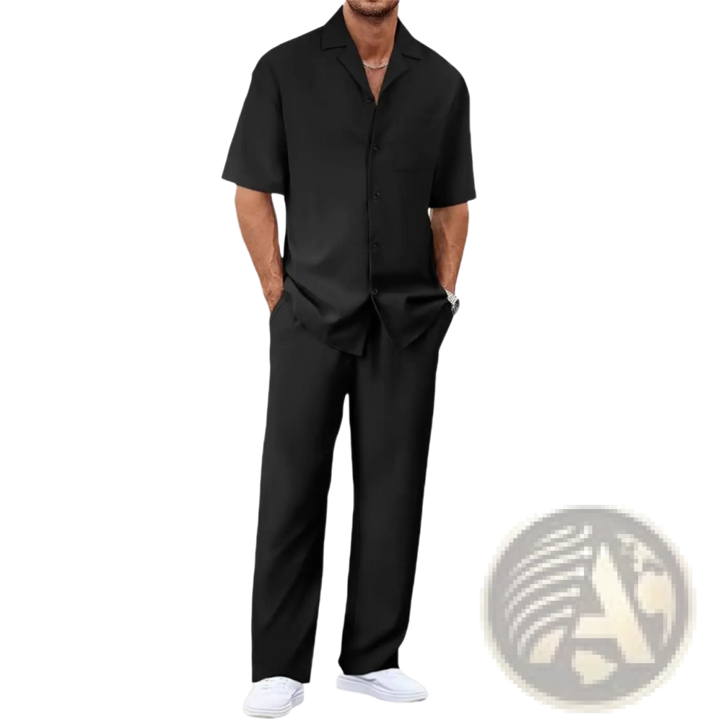Men short sleeve casual suit set featuring a black cotton button-up shirt with collar and matching black trousers