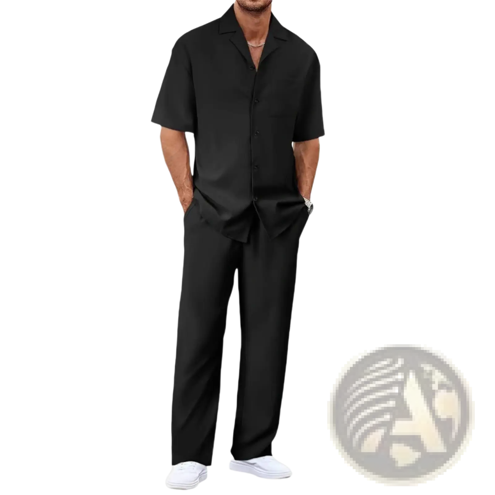 Men short sleeve casual suit set featuring a black cotton button-up shirt with collar and matching black trousers