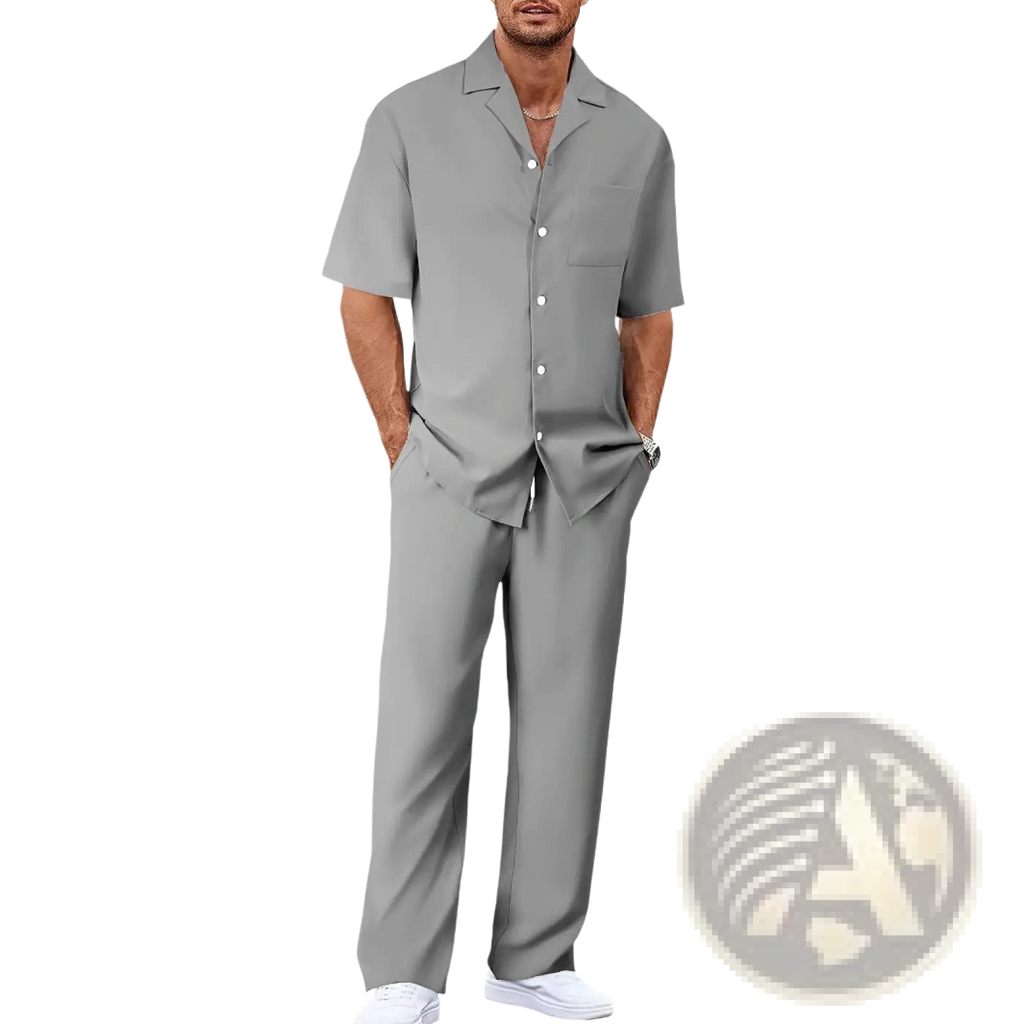Men short sleeve casual suit set featuring a gray cotton button-up shirt with collar and chest pocket
