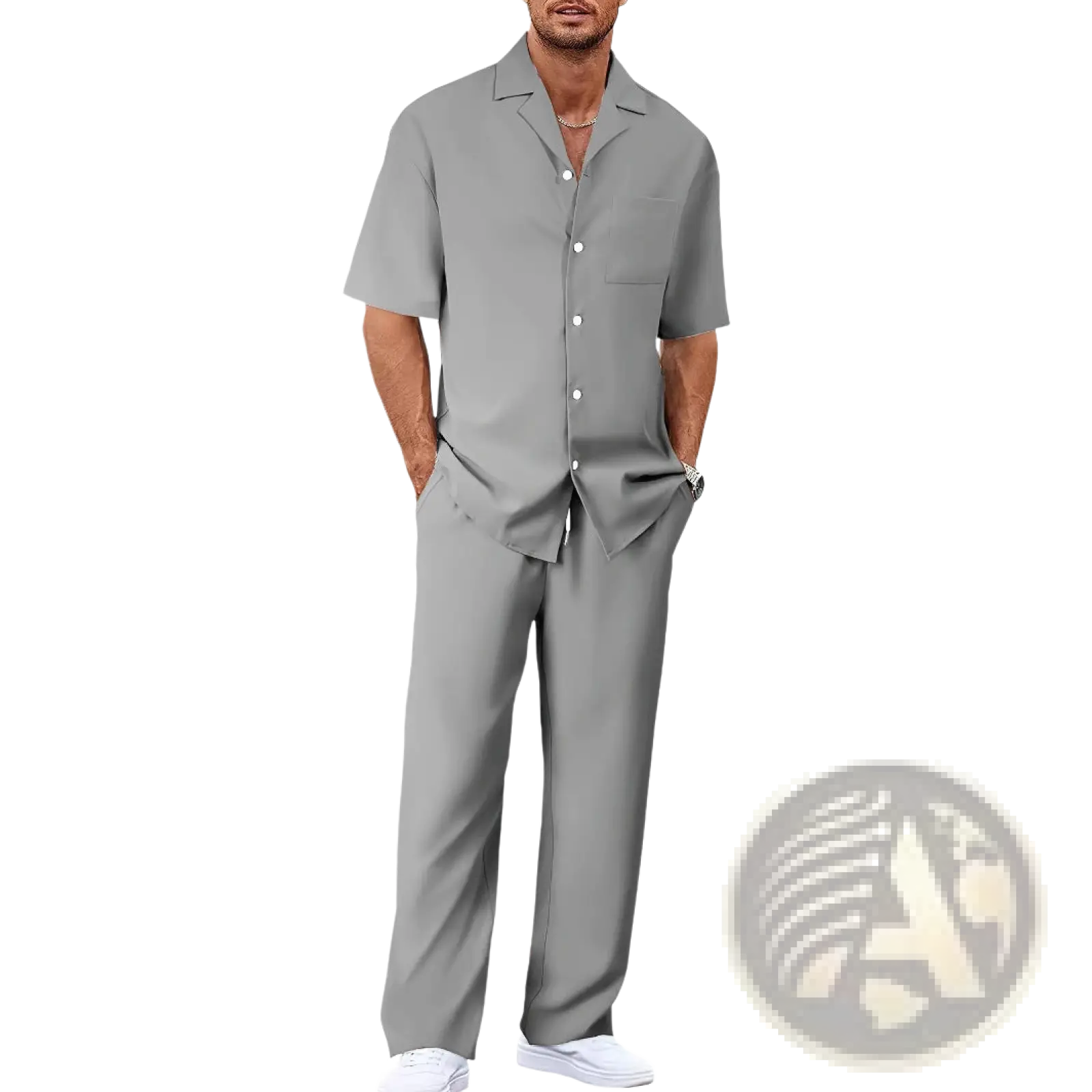 Men short sleeve casual suit set featuring a gray cotton button-up shirt with collar and chest pocket