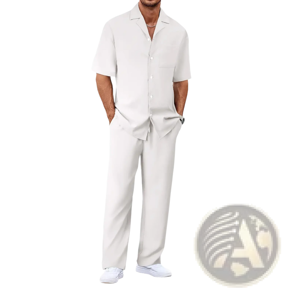 A man wearing a light beige short sleeve casual suit set with button-up shirt and matching trousers