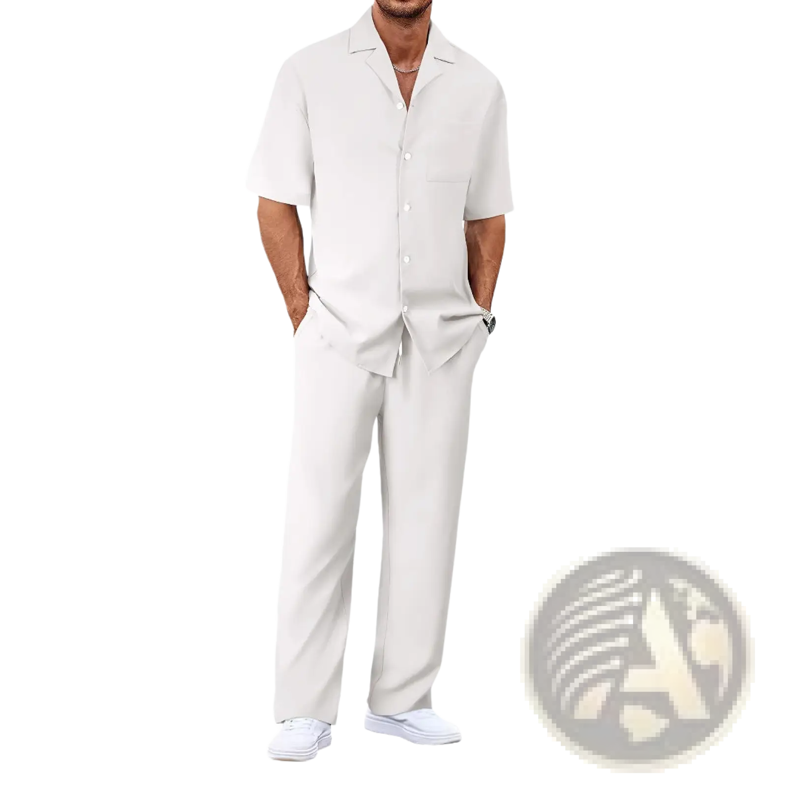 A man wearing a light beige short sleeve casual suit set with button-up shirt and matching trousers