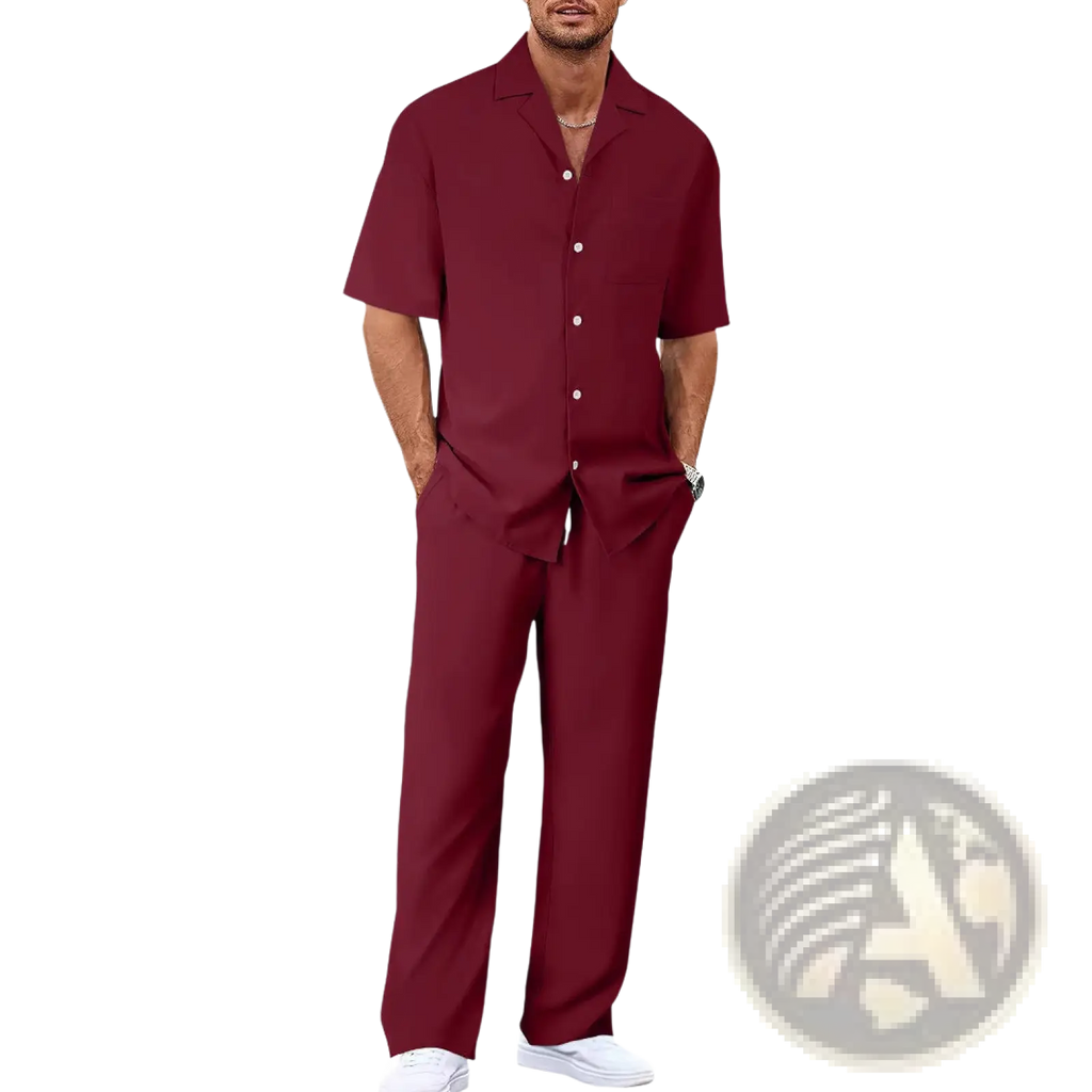 Men short sleeve casual suit set in maroon featuring a button-up shirt and matching trousers for versatile wear
