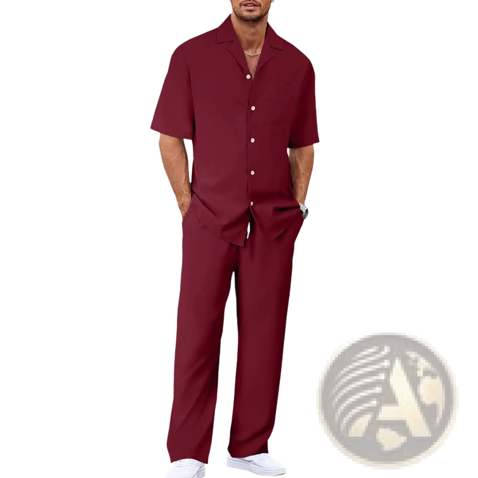 Men short sleeve casual suit set in maroon featuring a button-up shirt and matching trousers for versatile wear
