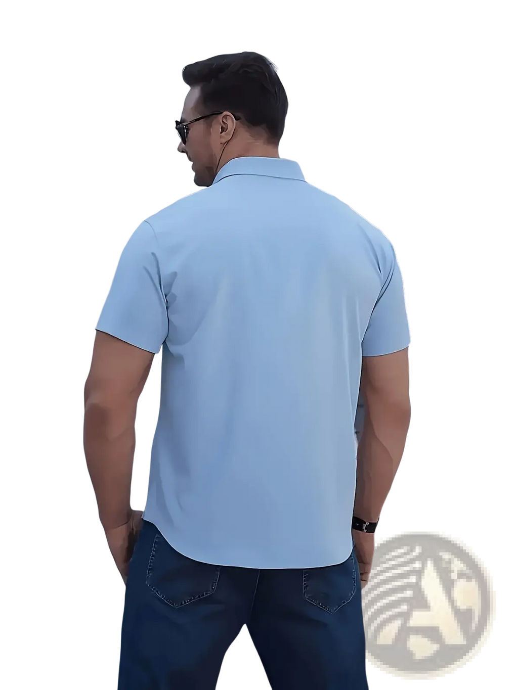 Light blue short sleeve dress shirt with classic collar and tailored fit for business casual or formal uniform use