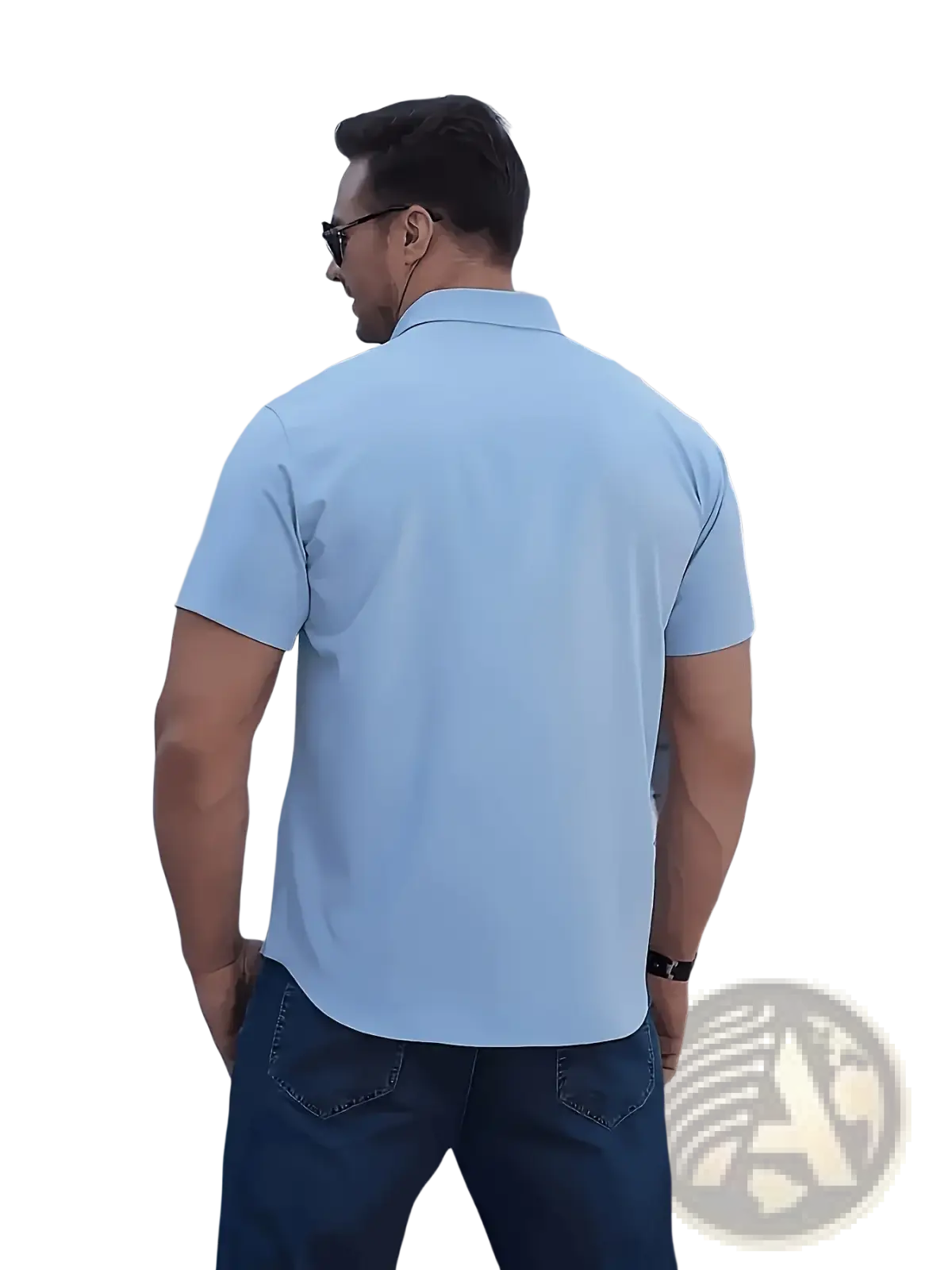 Light blue short sleeve dress shirt with classic collar and tailored fit for business casual or formal uniform use