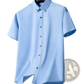 Light blue men short sleeve dress shirt with crisp collar and dark buttons for business casual and formal uniform use